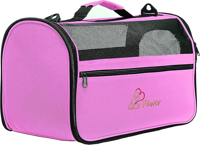 Pawer 18” x 10” x 10”Soft-Sided Foldable Airline Approved Pet Carrier for Cat, Puppy and Small Dog, Washable 600D Oxford Fabric, with Handle and Strap for Carry, Multiple Colors Available