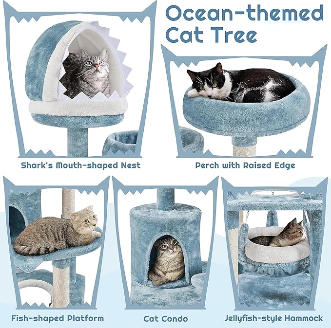 Yaheetech 61in Tall Ocean-Themed Cat Tree, Multi-Level Cat Tower with Shark's Mouth-Shaped Nest, Fish-Shaped Platform, Sisal Scratching Posts, Plush Pet Bed Furniture as Kitty Activity Center