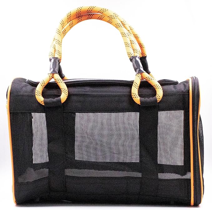 Buddy's Best Airline Approved Pet Carrier – Black & Orange Heavy Duty, Fits Under Seat, TSA Compliant, Ventilated Mesh Design w/Waterproof Base & Reflective Safety Strips
