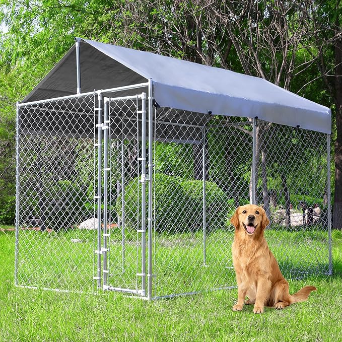 Outdoor Dog Kennel Large with Roof, Dog Run Enclosure, Large Outside Heavy Duty Dog Pens House Pet Playpen with Galvanized Chain Link Waterproof Cover (10'Lx6'Wx7.65'H)