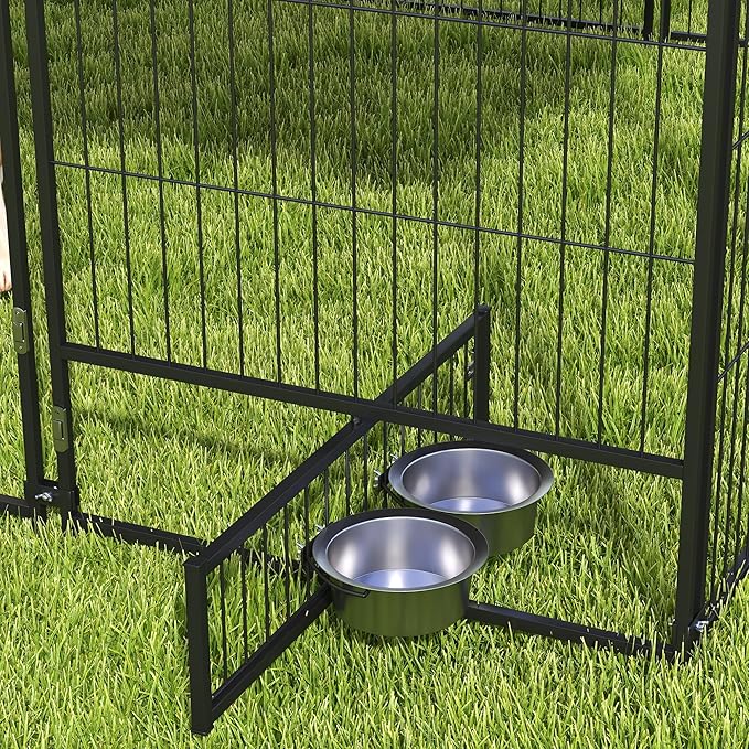 PawHut Outside Dog Kennel, 7' x 7' x 5' Puppy Play Pen with Canopy, Garden Playpen Fence Crate Enclosure Cage Rotating Bowl, for Dogs, Chickens, Ducks, Black