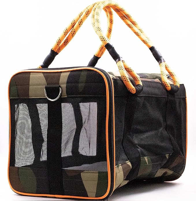 Buddy's Best Airline Approved Pet Carrier – Army Camo & Orange for Dog or Cat, Fits Under Seat, TSA Compliant, Ventilated Mesh Design w/Waterproof Base & Reflective Strips