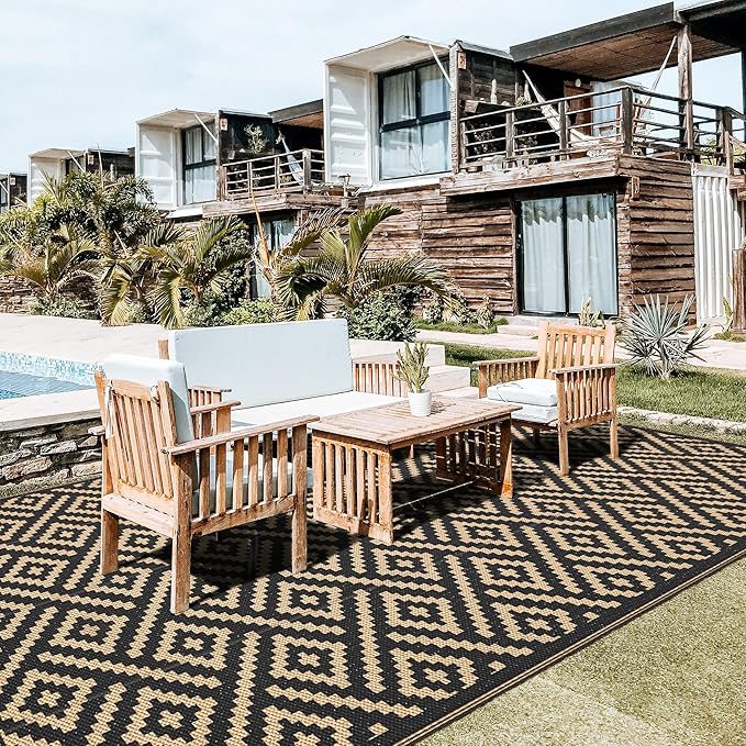 GENIMO Outdoor Rug Waterproof, 10' x 20' Reversible Plastic Straw Rugs, Lightweight Large RV Camping Mat for Patio, Deck, Camper, Balcony, Backyard, Picnic, Black & Brown