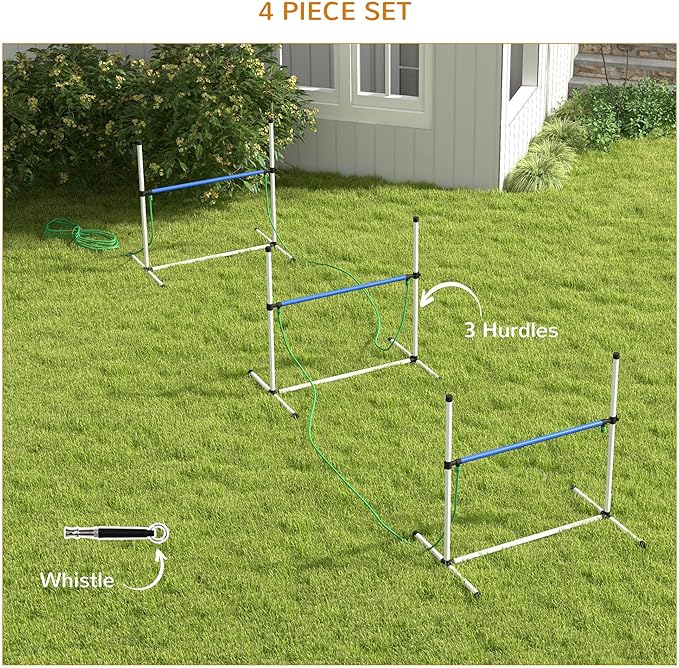 PawHut 4 Piece Dog Agility Training Equipment Set with Spray Water Tube, Dog Agility Set with Adjustable Height Hurdles, Whistle, Carry Bag, White