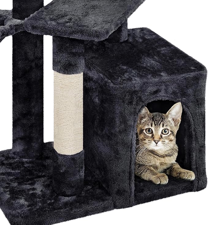 Topeakmart Cat Tree Tower for Indoor Cats, 34.5in Cute Cat Tree Activity Center with Condo & Scratching Post, Multi-Level Cat Climbing Tower Play House w/Large Perch, Platform, Basket, Black