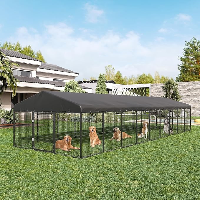 354" x 118" Large Outdoor Dog Enclosure,Heavy Duty Dog Cage with Roof,Galvanized Steel Dog Kennel Fence with Double Safety Locks