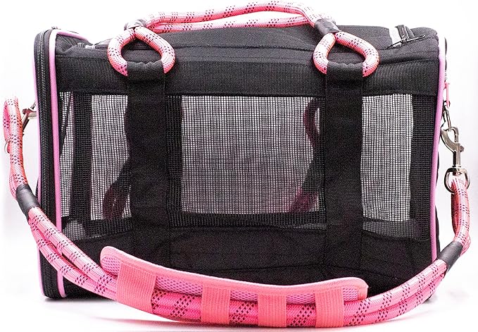 Buddy's Best Airline Approved Pet Carrier Black & Pink Heavy Duty, Fits Under Seat, TSA Compliant, Ventilated Mesh Design w/Waterproof Base & Reflective Safety Strips