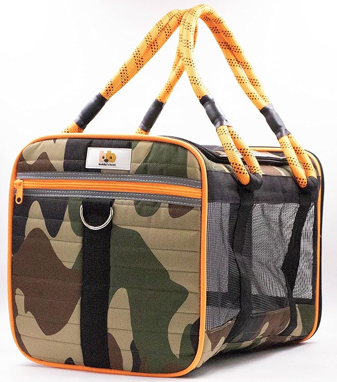 Buddy's Best Airline Approved Pet Carrier – Army Camo & Orange for Dog or Cat, Fits Under Seat, TSA Compliant, Ventilated Mesh Design w/Waterproof Base & Reflective Strips