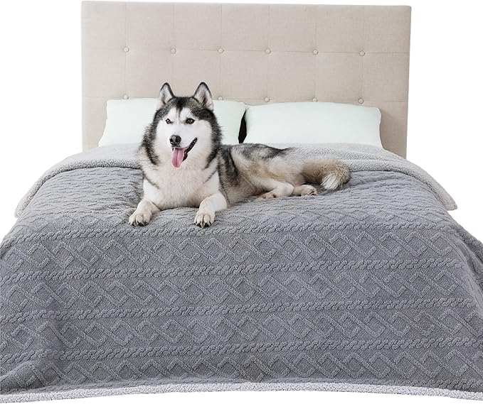Bedsure Waterproof Dog Blankets for Bed - Pet Blanket for Bed Couch Protector Washable, Jacquard Coral Fleece Cat Throw Blanket, Soft Plush Reversible Furniture Protection, King, 86x108, Grey