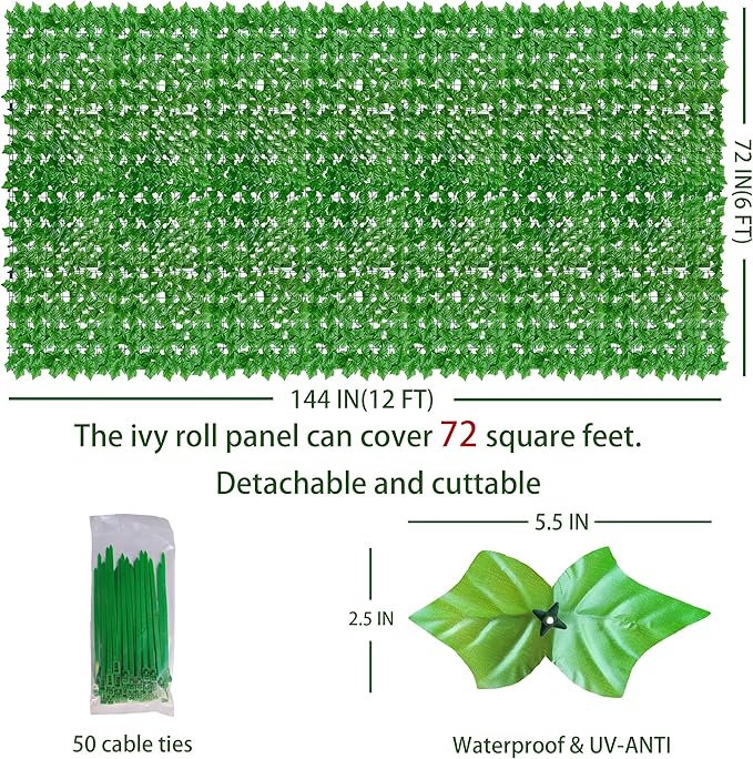 Artificial Ivy Privacy Fence Wall Screen: 72 X144 in UV-Anti Faux Greenery Backdrop Ivy Vine Leaf Hedges Fence Panels for Patio, Balcony, Garden, Backyard Indoor Outdoor Light Green Decor