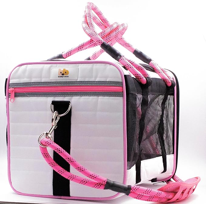 Buddy's Best Airline Approved Pet Carrier – White & Pink Heavy Duty, Fits Under Seat, TSA Compliant, Ventilated Mesh Design w/Waterproof Base & Reflective Safety Strips